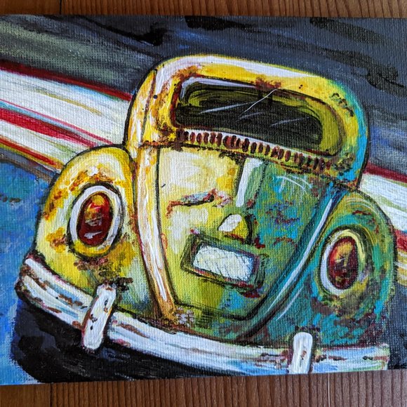Set of 2 ORIGINAL PAINTINGS 4" x 6" Vintage Volkswagen Beetle Bug Yellow Blue - Picture 2 of 11